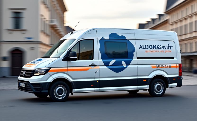 Express Kurierdienst Transporter von AlpineSwift Logistics in einer österreichischen Stadt